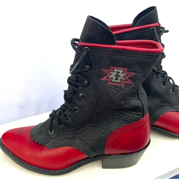 Abilene Leather Lace Up Western Packer Kiltie Boots Women’s Size 9.5 M Red Black - Picture 7 of 14